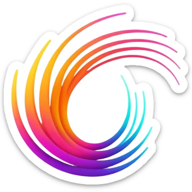 A futuristic abstract logo with curved dynamic lines resembling a subtle hand motion, glowing neon gradients, minimal and modern sticker