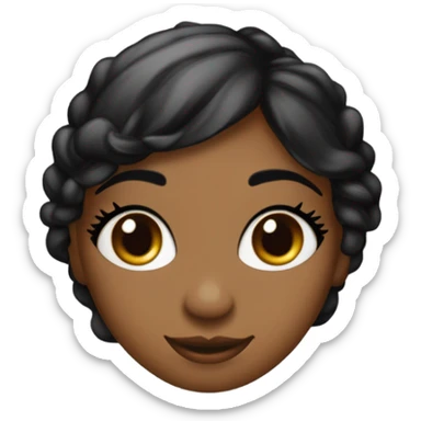 chica de ojos almendrados color negro ónix con un eyeliner negro, cabello rizado en corte mariposa con fleco estilo cortina negro oscuro, piel oliva claro, labios rojos intensos gruesos de sutil sonrisa. sticker