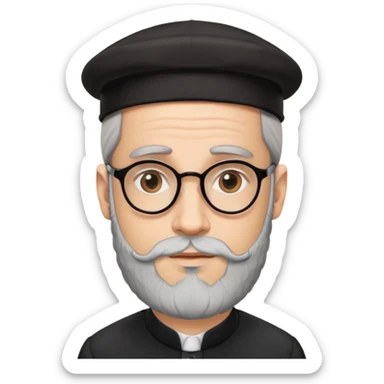 Jewish man with stereotypical features, beard, glasses, black hat, payot, wearing a kippah sticker