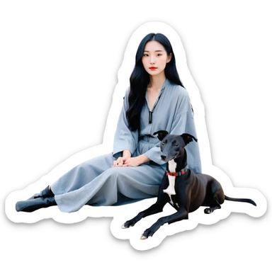 A very beautiful and attractive 25-year-old Chinese woman with long flowing black hair and a SOLID DARK GREY whippet sitting together on a beach during a beautiful sunset. The whippet MUST be COMPLETELY SOLID DARK GREY with ABSOLUTELY NO WHITE MARKINGS ANYWHERE - no white chest, no white face, no white paws, no white tip on tail - ENTIRELY ONE SOLID DARK GREY COLOR throughout the entire dog. Orange and red sunset sky over the ocean, sandy beach in the foreground. sticker