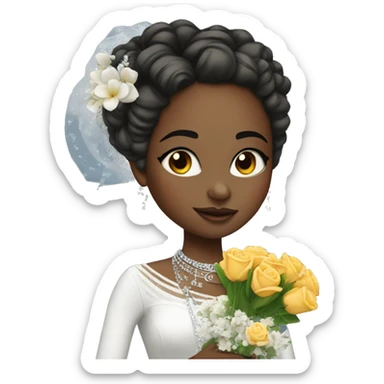 African bride. Glitter makeup. Long low curly ponytail. Silver jewelry. Holding flowers. Eyes closed. sticker