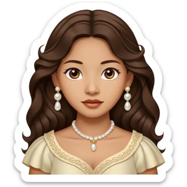 Tan Filipino woman with dark brown eyes and long dark wavy hair parted in the middle wearing a traditional filipiniana and white pearl stud earrings sticker