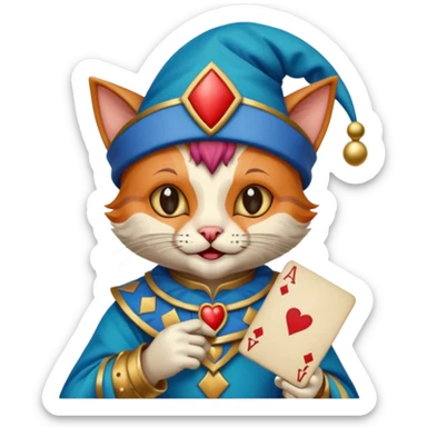 crazy colorful cute little cat jolly joker from poker, medieval, vintage, court jester, mac os icon, blue color, holds an ace poker card (clearly detailed and precise) sticker