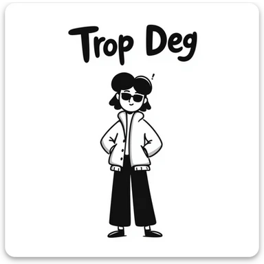 Sketchy character with sunglasses looking extremely cool with 'Trop Deg' text sticker