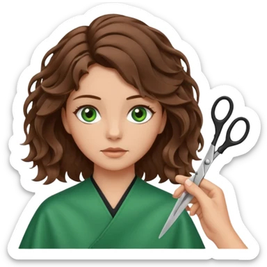 Girl with green eyes and brown wavy hair getting haircut with scissors sticker