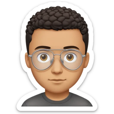 Young Latino man with small oval face and big forehead, clear lens aviator-style eyeglasses with metal frames, completely bald/shaved sides with very short curly dark hair only on top of head, neutral-friendly expression, brown skin, wearing a black t-shirt sticker