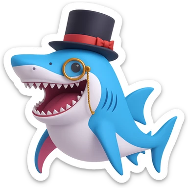 Add a monocle to the dapper shark in a top hat, looking sophisticated, no background. sticker