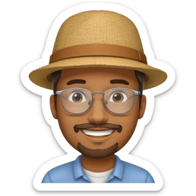 Brown man smiling with hat, clear glasses and goatee sticker