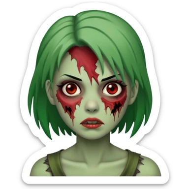 zumbi feminino com cortes no rosto, olhos baixos e vermelhos, cabelo preto e verde sticker