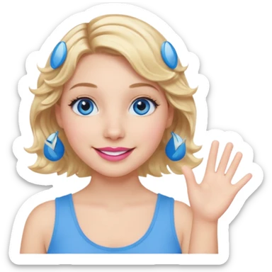 Girl Blonde short wavy hair,  blue eyes, cute blue top, long lashes, pink lips, smiling, waving hello  sticker