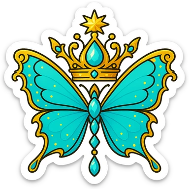 Change the butterfly and crown to a bright cyan color instead of blue, with gold details on the sides and crown exactly as in the original. The look should be vibrant, magical, and luxurious, with glowing cyan and gold tones. Output must be PNG with transparent background, suitable for a Discord role icon. sticker