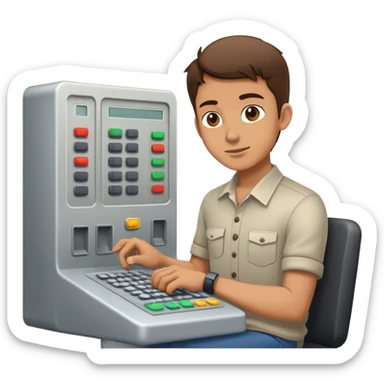 Programmer at a control panel pressing buttons sticker