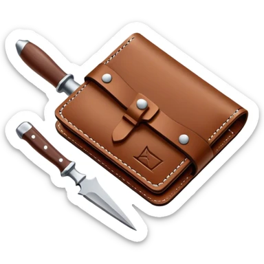 Leatherworking icon, piece of raw leather being crafted into a leather wallet or belt, professional tools like leather stitching awl, edge beveler, hammer, prying tool, minimalistic style, clean lines, transparent background. sticker