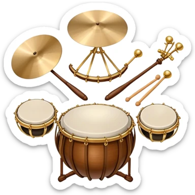 Create a heraldic, festive, and professional emblem-like emoji representing percussion instruments. The design should resemble a traditional crest, featuring a range of percussion instruments like cymbals, triangle, tambourine, maracas, timpani, and other traditional and folk percussion instruments. Arrange them symmetrically, with elements like cymbals crossing each other, a triangle at the center, and timpani or drums flanking the sides. The instruments should be depicted with metallic and wooden tones—shiny brass for cymbals, silver for the triangle, and rich wood or polished bronze for drums. Include ornate details like engraved patterns on the instruments, decorative swirls or laurels, and subtle accents to add elegance and festivity to the composition. The overall design should be cohesive, balanced, and visually striking, suitable for use as a prestigious emblem. The background should be transparent. sticker