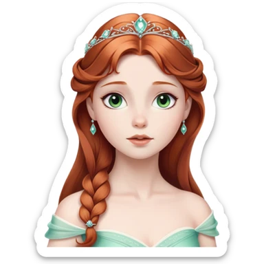 Cinematic Timeless Sleeping Beauty Portrait Emoji, rendered in a clean, vector style. Depict Aurora with delicate porcelain skin, elegantly arranged auburn hair, and a serene, graceful expression, dressed in her iconic gown. The design features bold, simplified shapes, a soft, enchanting glow, and a subtle glowing outline, capturing her timeless, fairy-tale beauty. sticker