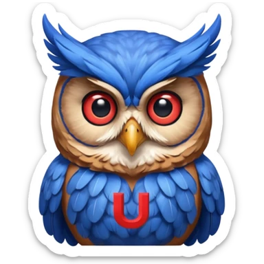 Quiero un búho con una camiseta azul y el medio que diga una u gigante y roja sticker