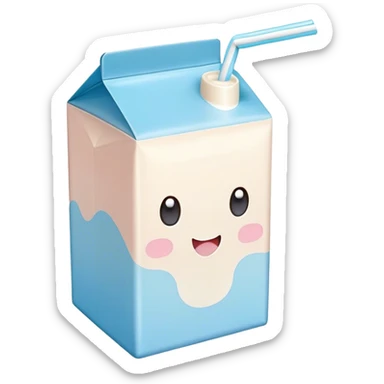Cute Kawaii Milk Carton, small and boxy, bright pastel blue and white, blushing cheeks, a tiny straw poking out, soft glowing highlights, adorable farm-fresh cuteness! sticker