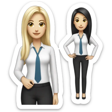 Two business girls, white, one tall girl with short black hair, one smaller girl with long dark blond hair sticker