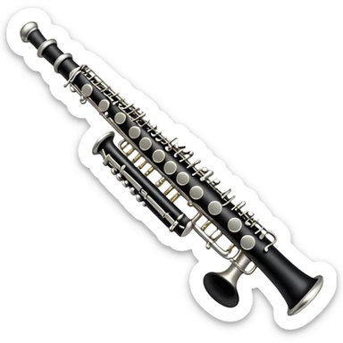 Create an emoji, representing a black standard clarinet. The design should feature a smooth, glossy black body of the clarinet with shiny, silver keys clearly visible. Highlight the intricate details of the mouthpiece and reed at the top, while the body of the instrument should remain simple and elegant. Add subtle musical notes or soundwaves floating around the instrument to symbolize its clear, melodic sound. Use black for the body, silver for the keys, and soft lighting effects to give the instrument a polished, sophisticated look. The background should be transparent. sticker