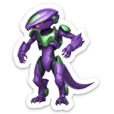 a purple-green Genesect-Raptor-Fakémon—hybrid with a futuristic visor-helmet full body sticker
