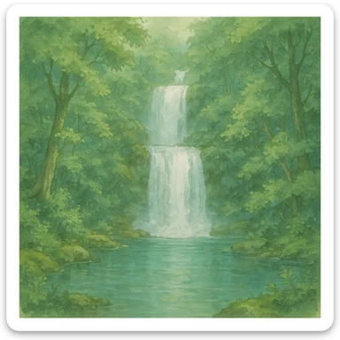 waterfall then lake and the rest of the waterfall in forest, natural colors, soft, fairy-like atmosphere, no background, square size sticker