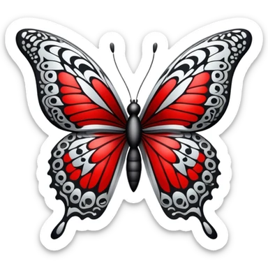 butterfly black and silver with intricate red and white patterns  sticker