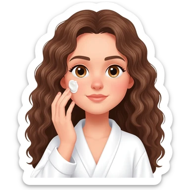 Menina branca,de olhos castanhos claros, com cabelos longos encaracolados e um roupão branco e cosa fazendo skin care sticker