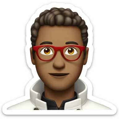 a short haired man with tinted red glasses in a white trench coat and is a alchemist sticker