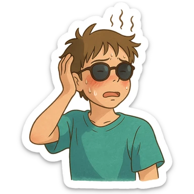 ghibli style character with sunglasses, flushed cheeks, feeling hot sticker