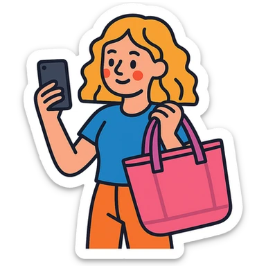 white girl with wavy hair holding her phone and a pink beach bag sticker