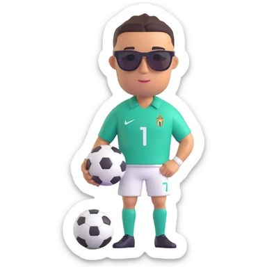 Create a 3D emoji style image of Ronaldo wearing sunglasses with a football next to him. Focus on 3D fluent emoji style and details. sticker