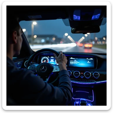 night point of view from driver's seat of 2025 Mercedes S-Class in parking lot, luxury interior, blue or purple ambient lighting, glowing dashboard, hand on Mercedes steering wheel, rainy windshield with water droplets, blurred outside, hyperrealistic, cinematic sticker