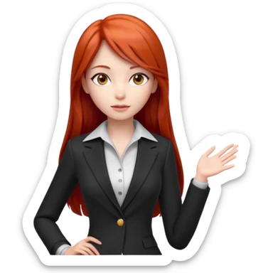 3D animated female character with long straight red hair, sharp eyes, slim face, stylish modern outfit, confident expression, K-pop inspired animation style." sticker