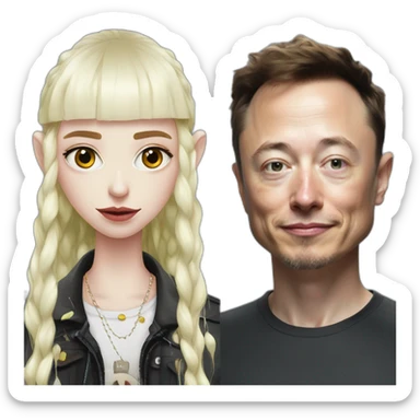 Grimes with drops of white goop on face, elon musk smirking, duo sticker