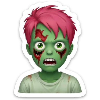 Boy, zombie, red messy hair, green skin, pink eyes, white t-shirt, open mouth with crooked teeth, tired expression. sticker