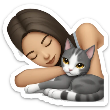 brunette girl sleeping with grey and white cat sticker