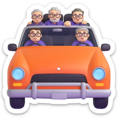 front view of an orange car with three people inside: driver male with chubby face, light stubble, purple shirt; front passenger middle-aged male with round face, gray hair, glasses, checkered shirt; rear passenger male with sharp face, black hair, glasses, black t-shirt sticker