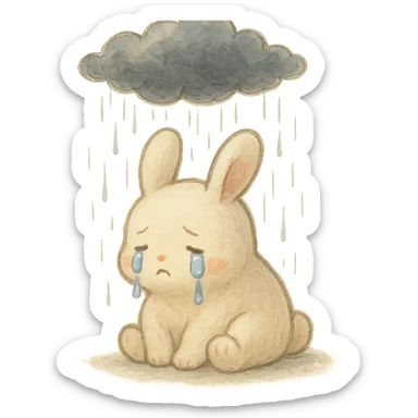 marshmallow bunny sitting with tears under a raincloud, soft ghibli style sticker