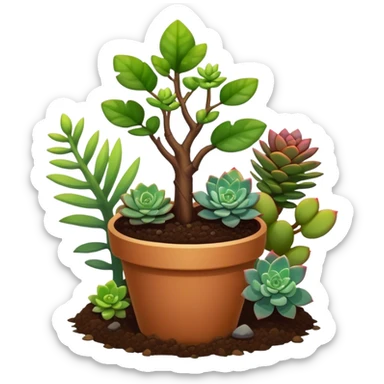 Close-up of a potted sapling in rich soil surrounded by vibrant plants and succulents. Bright sunlight filters through the window, casting soft shadows. Nearby gardening tools rest on a wooden table. Cozy indoor atmosphere with greenery and flowers. sticker