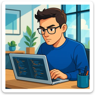 a person coding in front of a MacBook, modern workspace, clear view of laptop and focused expression, digital art style sticker