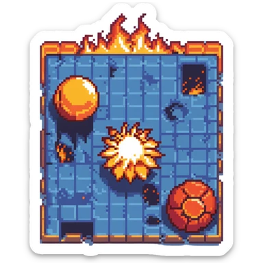 Bomberman horizontal explosion tile, flames extending left to right across full width, bright orange and yellow core with red edges, flames about 60% of tile height, centered vertically, flame wisps details sticker