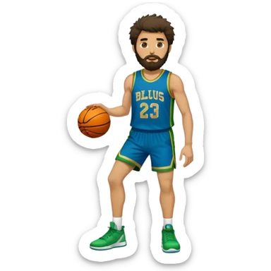 full body wHITE MAN WITH GOLD TEE BEARD DARK SHAGGY HAIR BASKETBALL PLAYER WEARING BLUE AND GREEN UNIFORM sticker