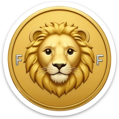 Pièce d’or ronde vue de face, lettre F gravée au centre, tête de lion fine et discrète en arrière‑plan, style emoji simple. sticker