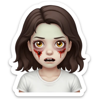 zombie girl who has wavy dark brown hair and a white t shirt sticker