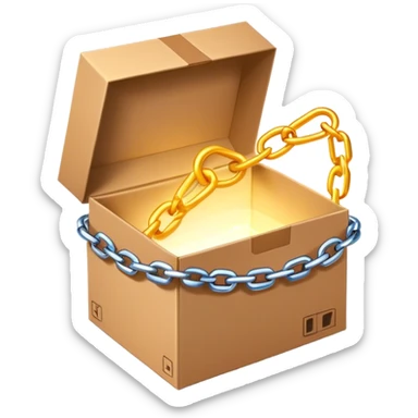 open cardboard box with chain links draped outside of. the chain links should be glowing like they are magical chain links, and the box itself should have a mysterious subtle glow to it sticker