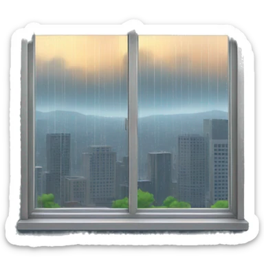 window that has rain outside with a city in the background sticker