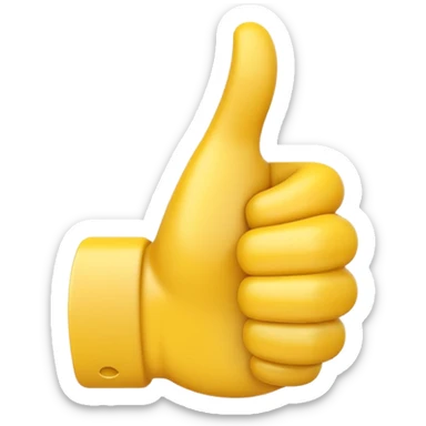 Apple-style 3D illustration of a single yellow emoji hand giving a thumbs up gesture, glossy and rounded, centered on a clean white background, soft shadow underneath, isolated and minimal design sticker