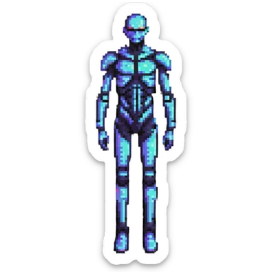 Pixelated future human with neon highlights, tech-enhanced body, and holographic elements sticker