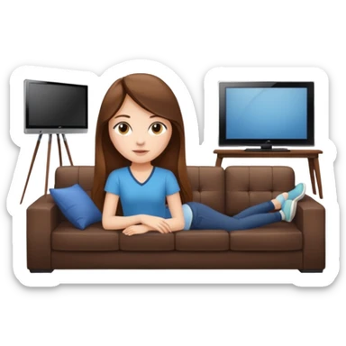 beautiful girl with long brown hair constructing new lounge room area with flat screen tv and couch sticker