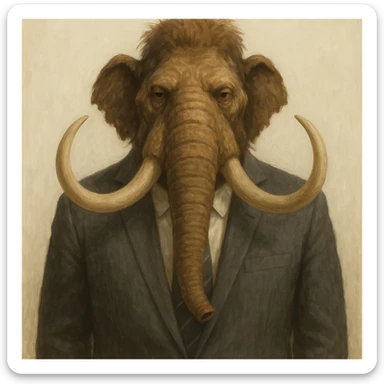 mamut con traje de oficina y corbata, apariencia seria, fondo claro sticker